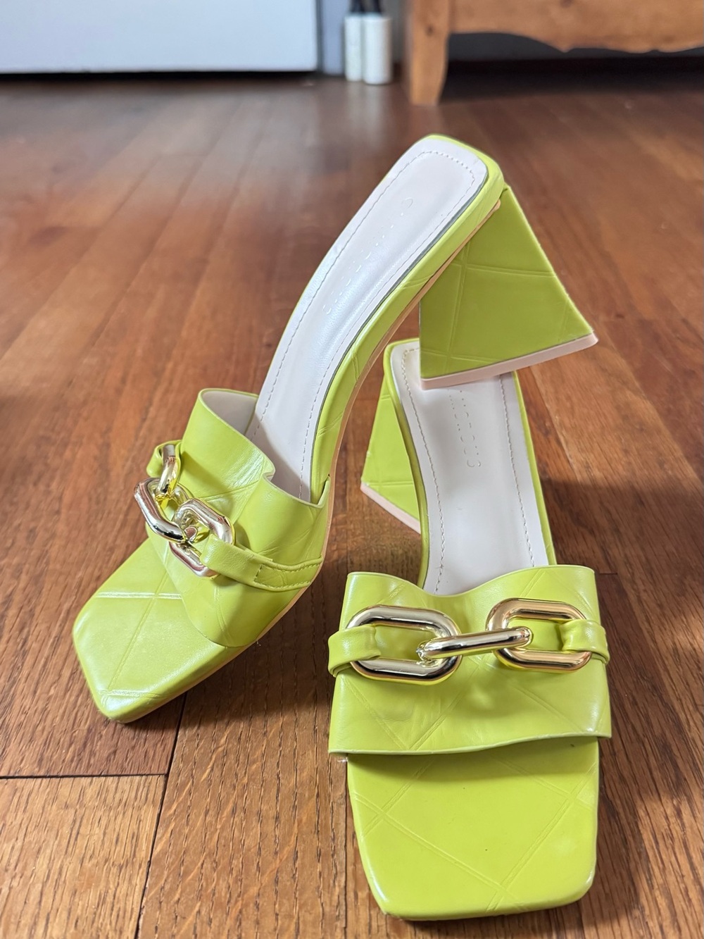 Lime Green Chain Link Block Heel Mules